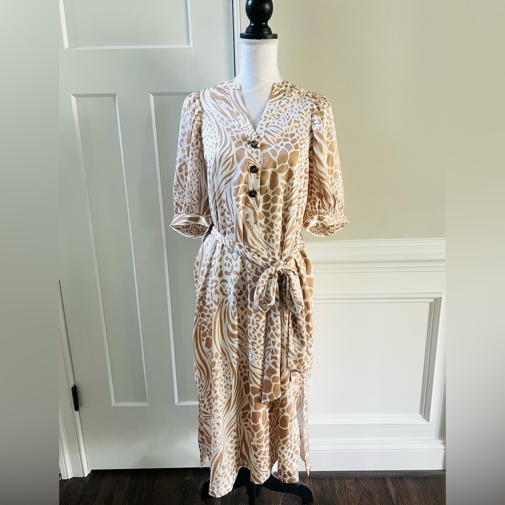 ANN TAYLOR Mixed Animal Print Midi Shirt Dress Tan White Size Medium Petite